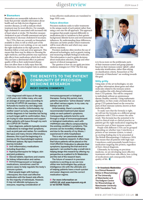 Dr Anastasia Madenidou and Ricky Chotai's article in Arthritis Digest magazine