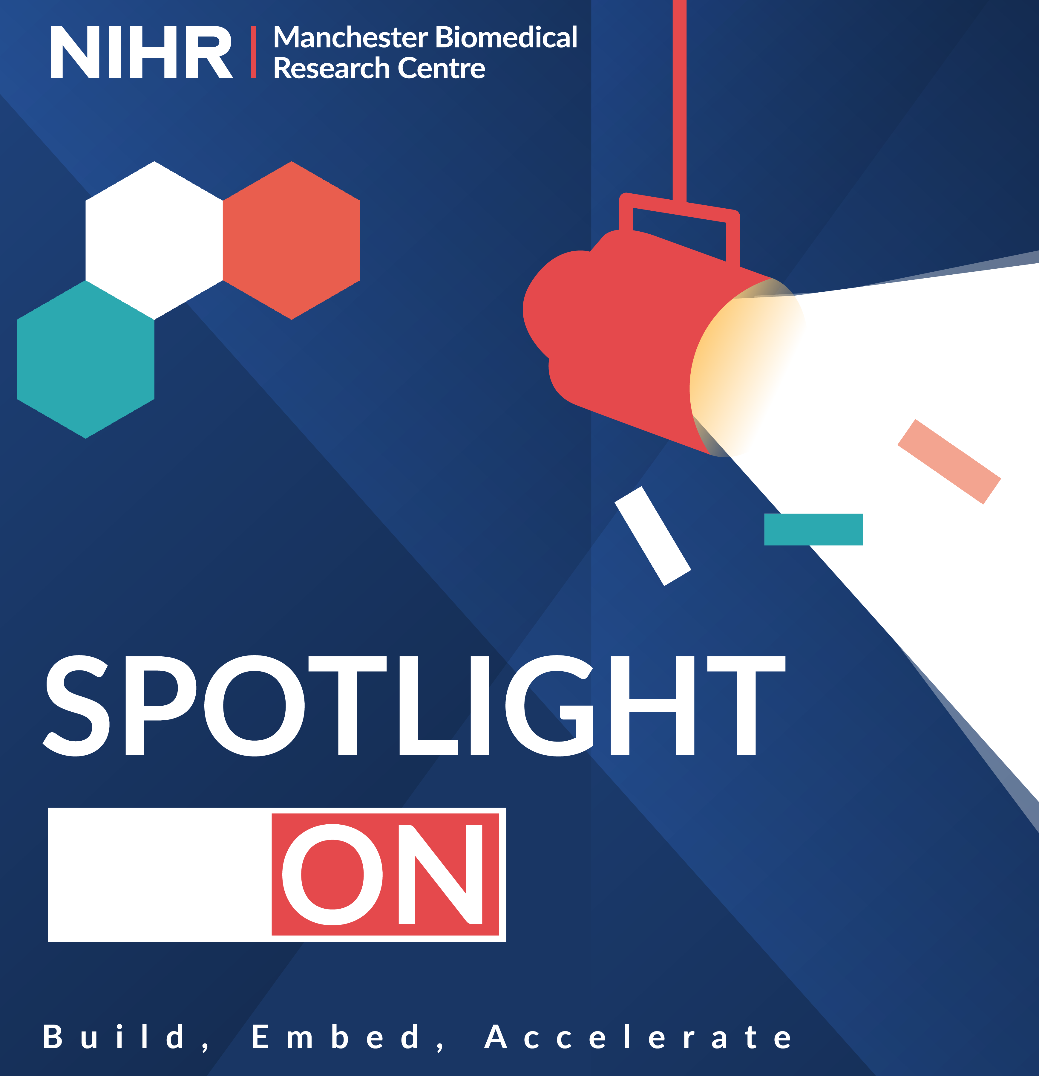 Graphic with navy background and red spotlight. Text reads: Spotlight On. Build, Embed, Accelerate