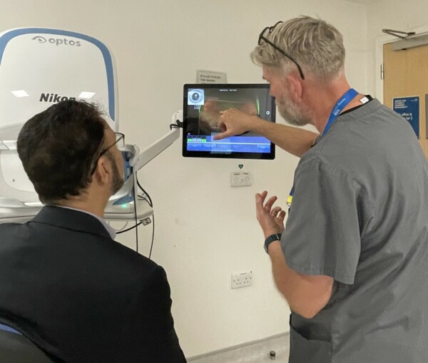 Photo caption: Mr Afzal Khan, MP with Mr Darren Hargreaves, Research Ophthalmic Science Practitioner at Manchester Royal Eye Hospital.