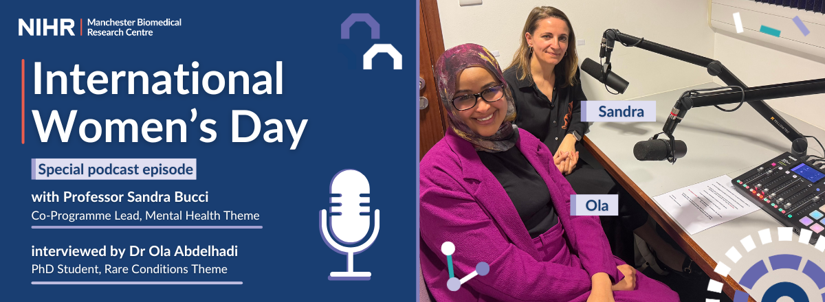 Text reads: International Women's Day: Special podcast episode. With Professor Sandra Bucci (Co-Programme Lead, Mental Health Theme) interviewed by Dr Ola Abdelhadi (PhD Student, Rare Conditions Theme). A photo shows Ola and Sandra in a podcast recording studio with 2 microphones.